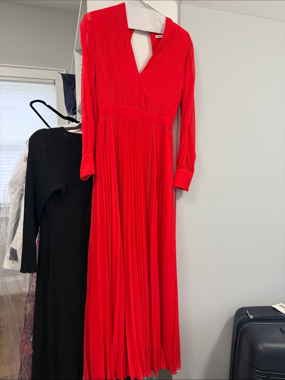 Alice + Olivia Bright Red Pleated V-Neck Long Sleeve Maxi Dress